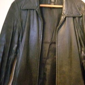 Black leather Jkt.  Slightly worn. Good condition.